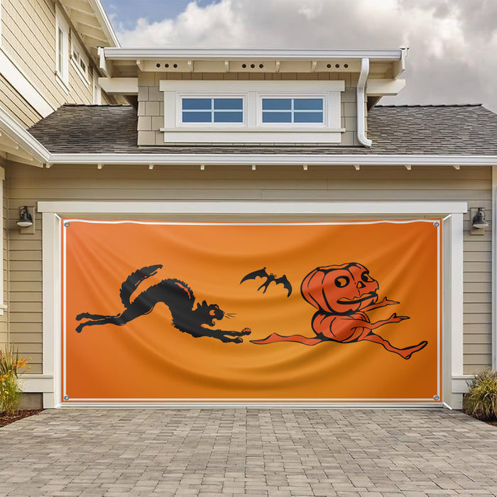 Black Cat Chasing Pumpkin Man Halloween 6x16 feet Garage Door Cover Flag