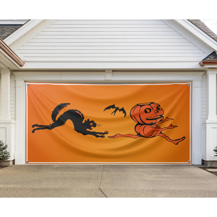 Black Cat Chasing Pumpkin Man Halloween 6x16 feet Garage Door Cover Flag